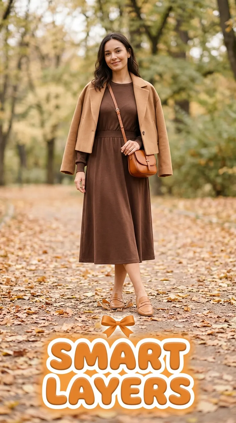 Woman in a brown midi dress layered with a camel cropped jacket and tan loafers on a park path