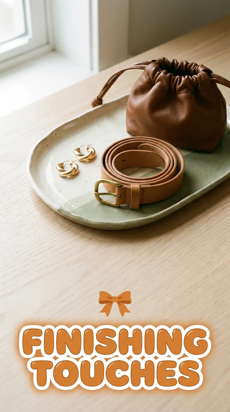 Gold earrings, a tan leather belt, and a small brown bag on a ceramic tray