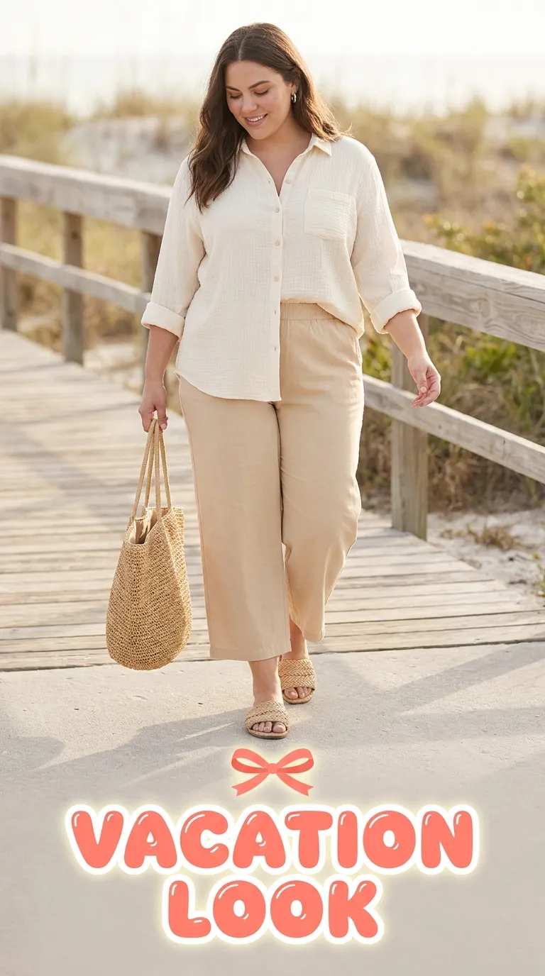 Gauze button-up with cropped wide-leg pants for a vacation look