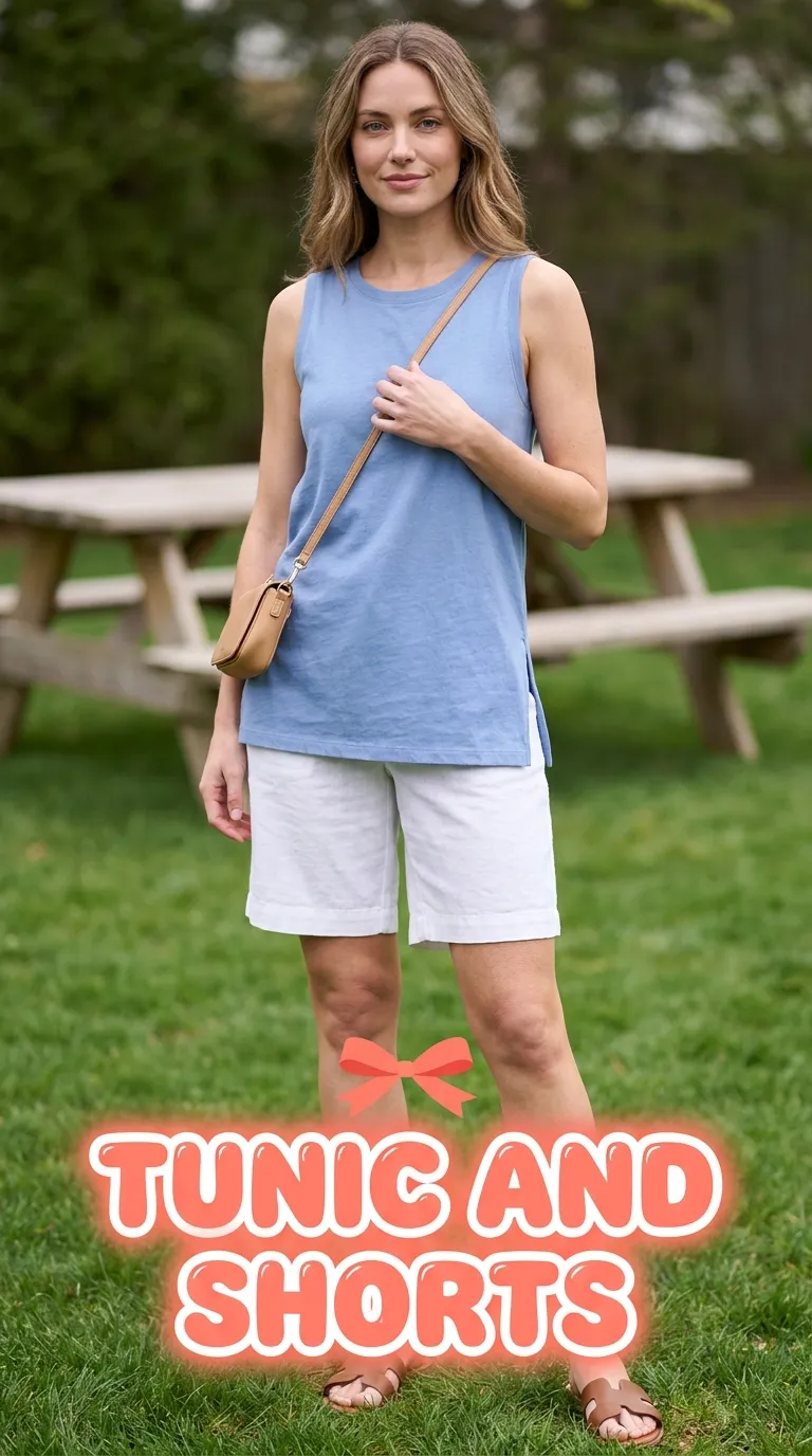 Sleeveless tunic with long-inseam shorts