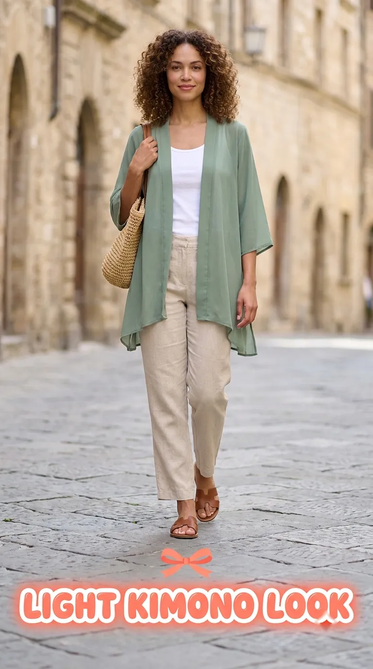 Lightweight kimono with tank and linen-blend pants