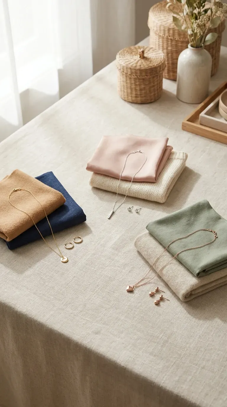 Gold, silver, and rose gold jewelry arranged side by side on a linen surface