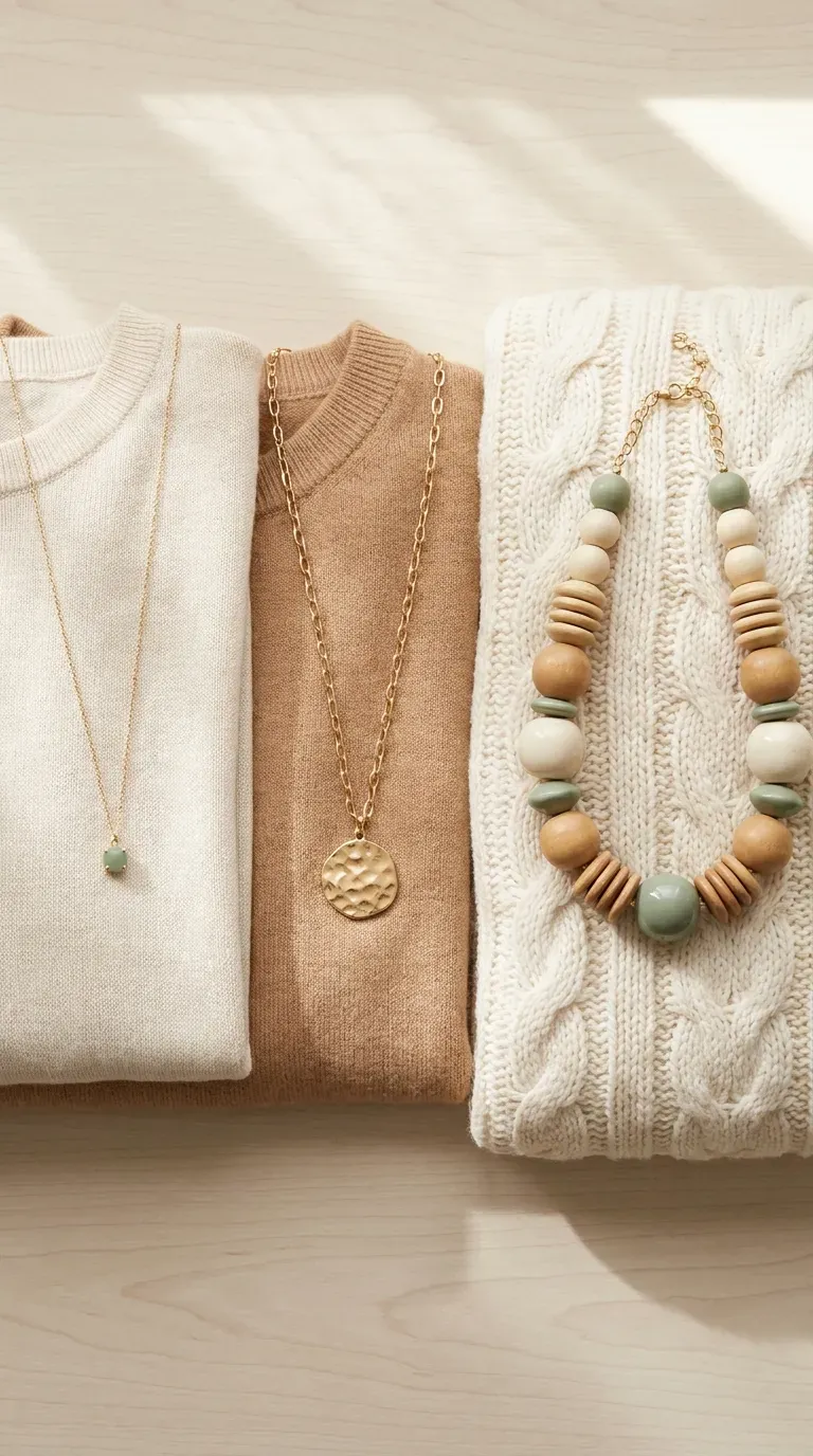 Three necklaces in small, medium, and large scale laid against a folded knit
