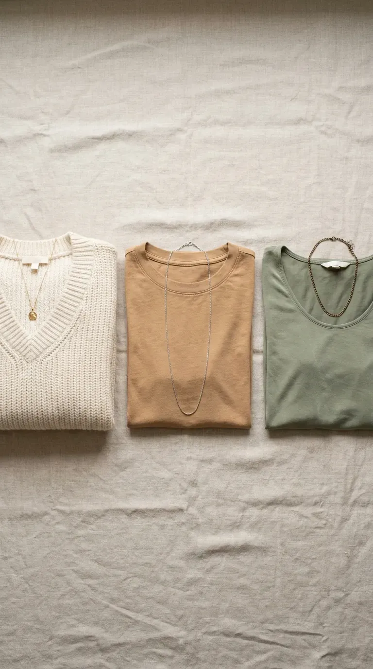 Necklaces arranged beside a V-neck knit, a crew-neck tee, and a scoop-neck top