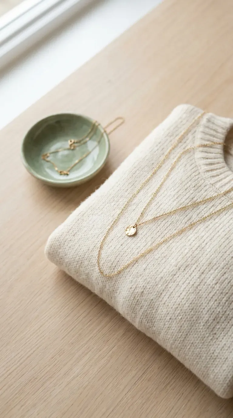 Two fine chains of different lengths layered on a cream knit