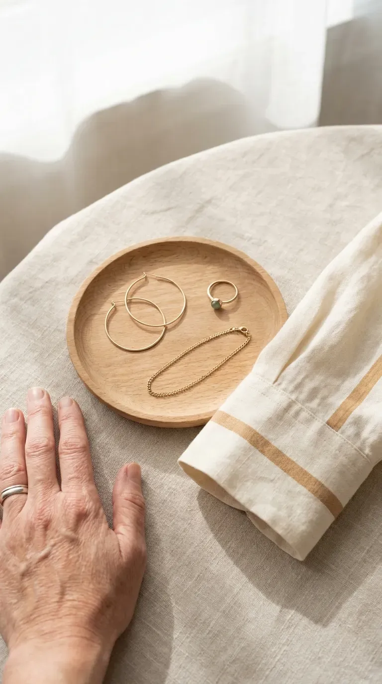 Lightweight earrings, a slim ring, and a bracelet laid out on a wooden tray
