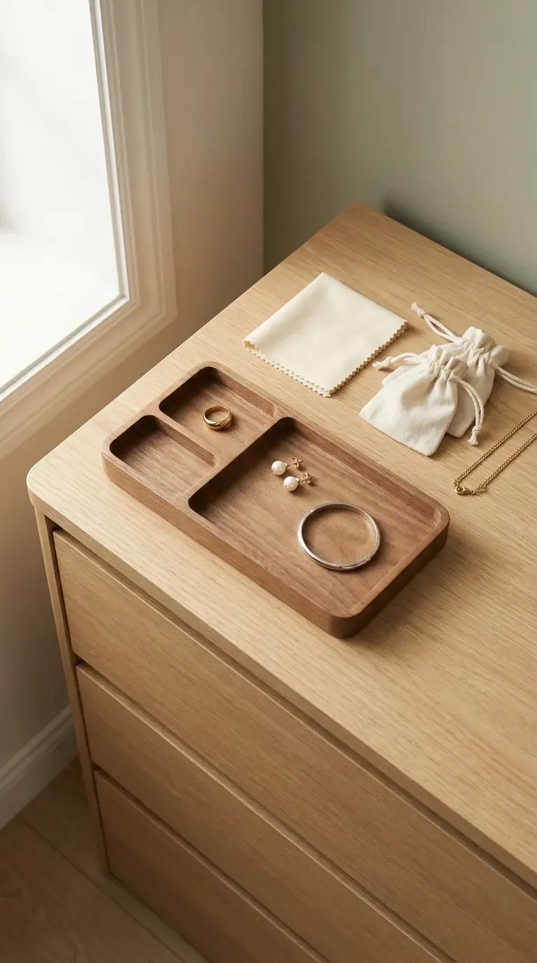 A jewelry tray with a soft polishing cloth and small pouches on a wooden dresser
