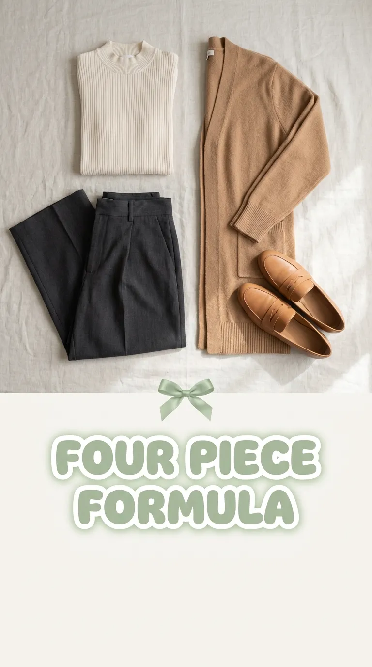 Overhead flat lay of a fitted knit top, wide-leg pants, a long cardigan and loafers on a linen surface
