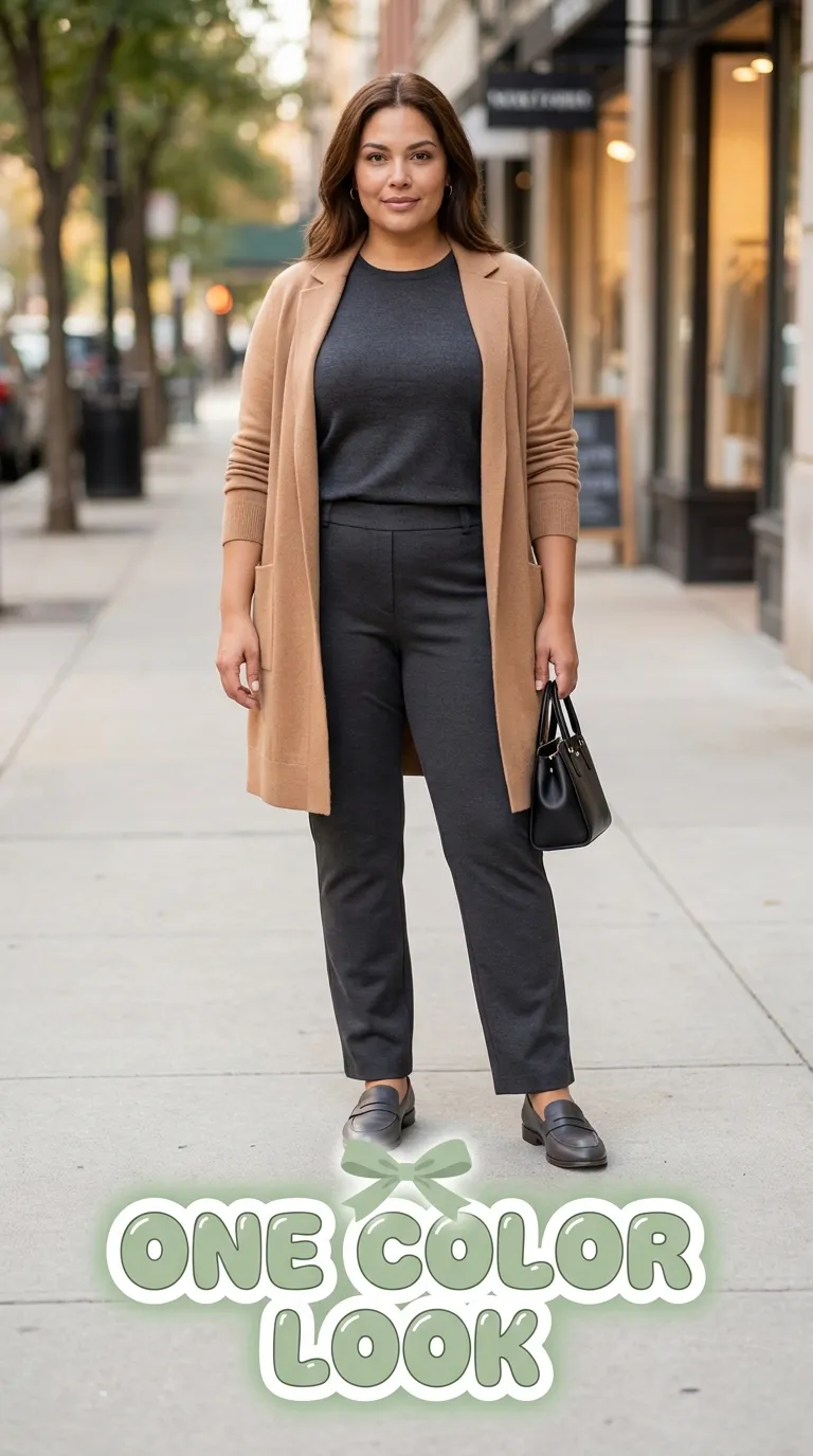 Full-length look in a charcoal knit top and matching pants under a long open camel cardigan with loafers