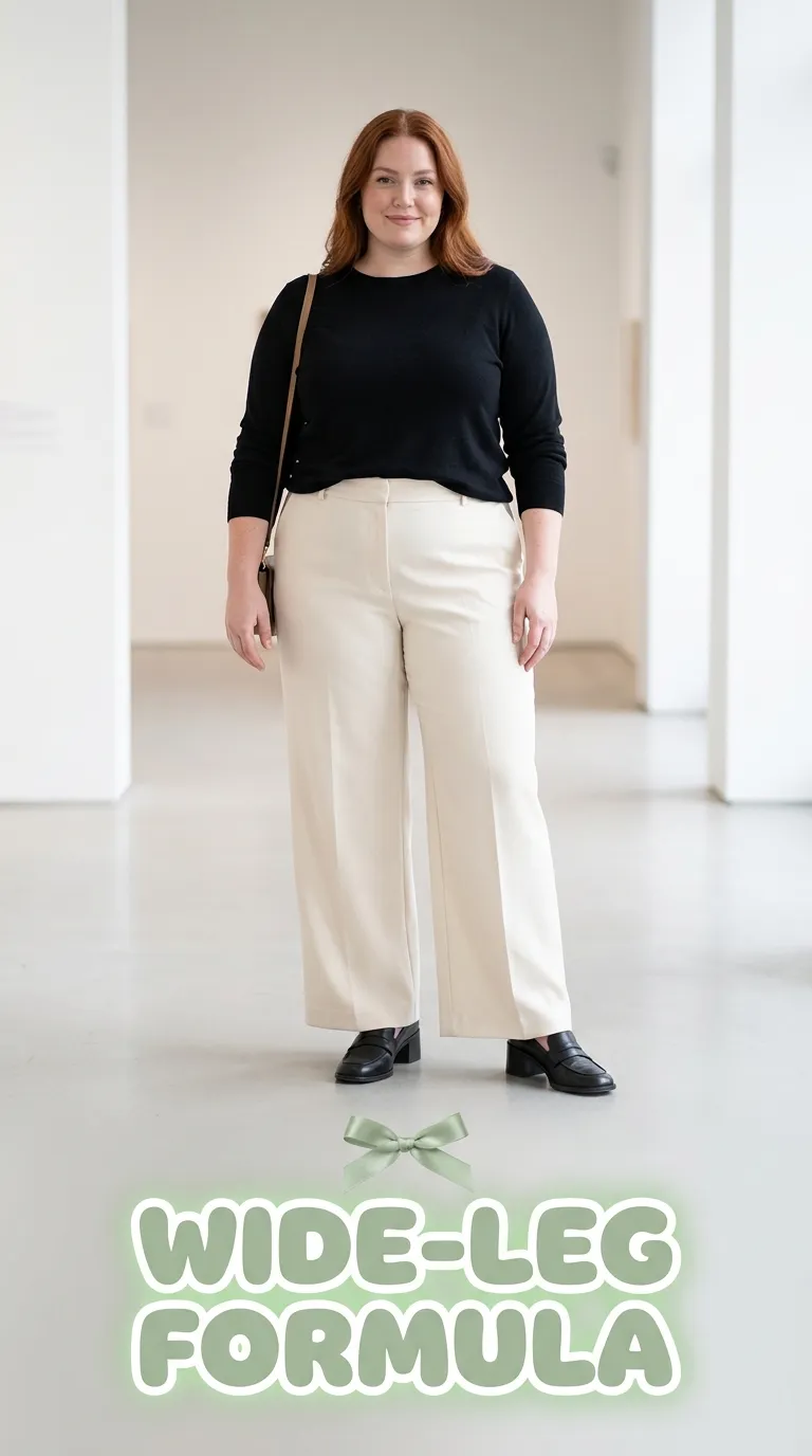 Full-length look in a fitted black knit top tucked into cream wide-leg trousers with block-heel loafers