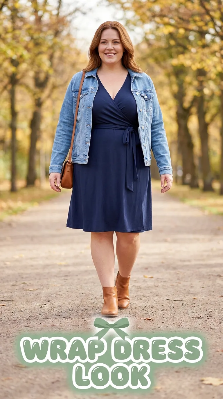 Full-length look in a navy wrap dress with a denim jacket and ankle boots