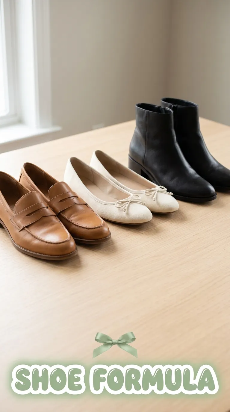 Three pairs of shoes lined up on a pale wood table: tan loafers, cream ballet flats and black ankle boots