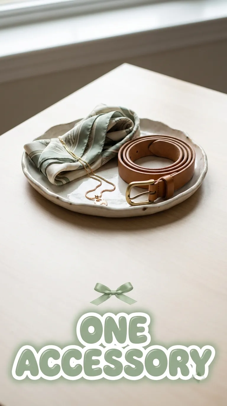 Tabletop still life of a silk scarf, a gold chain necklace and a leather belt on a ceramic tray