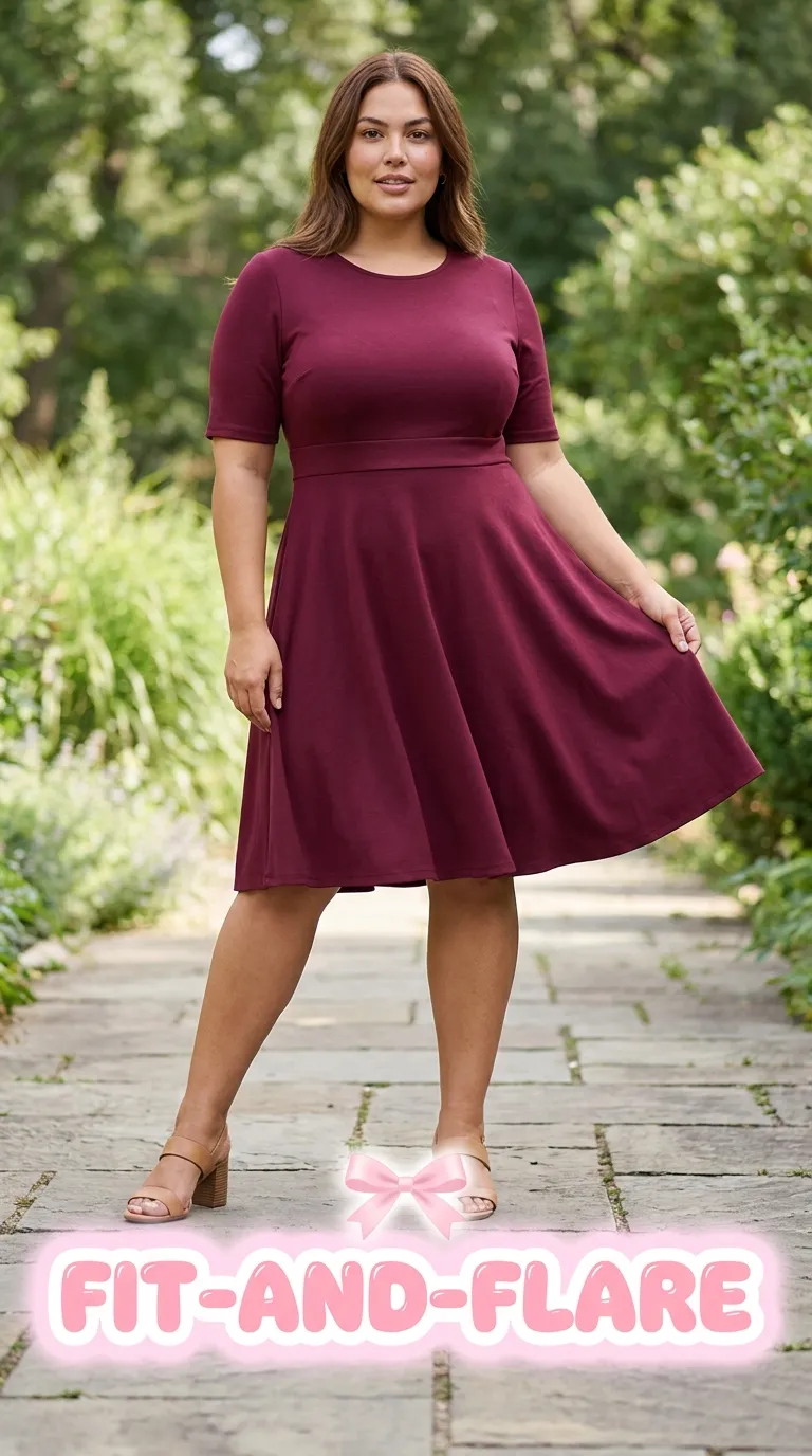 Fit-and-flare dress with a fitted bodice, defined waist seam, and a swingy knee-length skirt, styled with tan block-heel sandals
