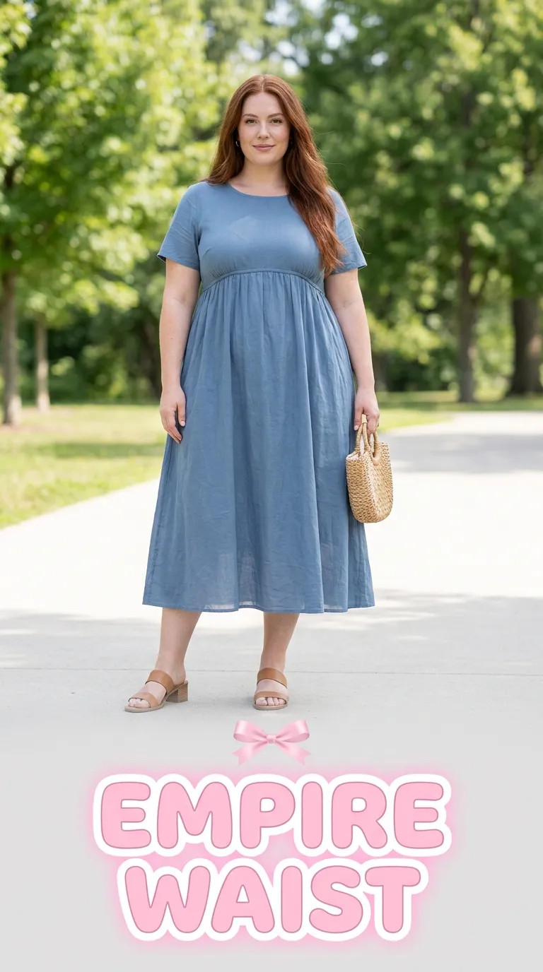 Empire waist midi dress with a seam just under the bust and a flowing skirt, styled with low block-heel sandals