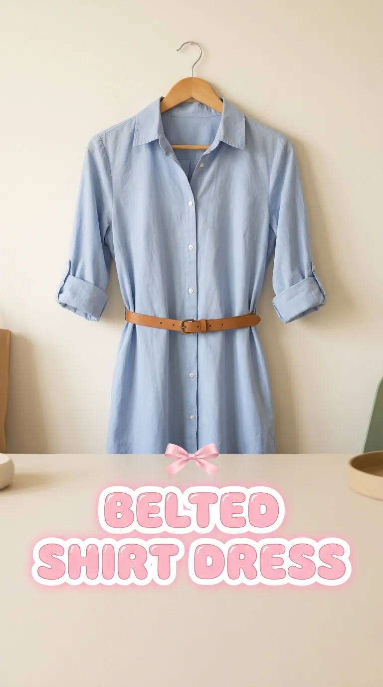 Button-front shirt dress on a wooden hanger with a slim tan leather belt at the waist