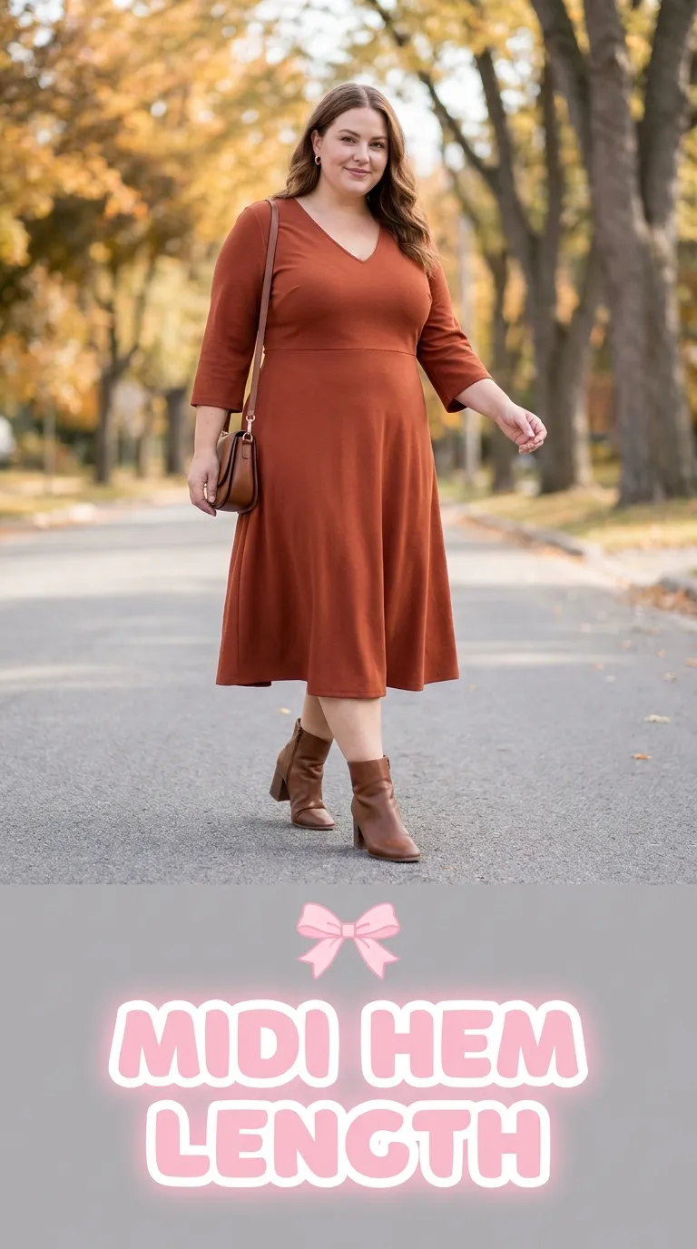 Midi-length dress with a hem that ends at the narrowest part of the calf, styled with block-heel ankle boots