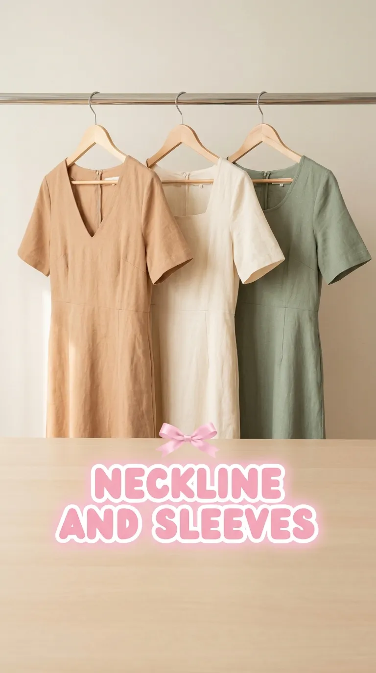 Three dresses on wooden hangers side by side, one with a V-neck, one with a square neck, and one with a scoop neck