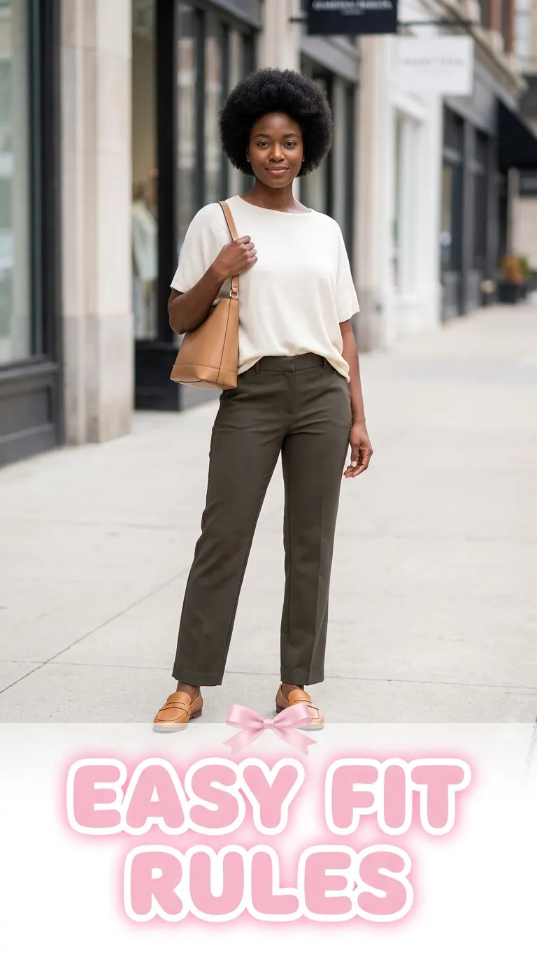 Plus size woman with an apple shape wearing a relaxed knit top and straight-leg trousers that fit comfortably at the midsection
