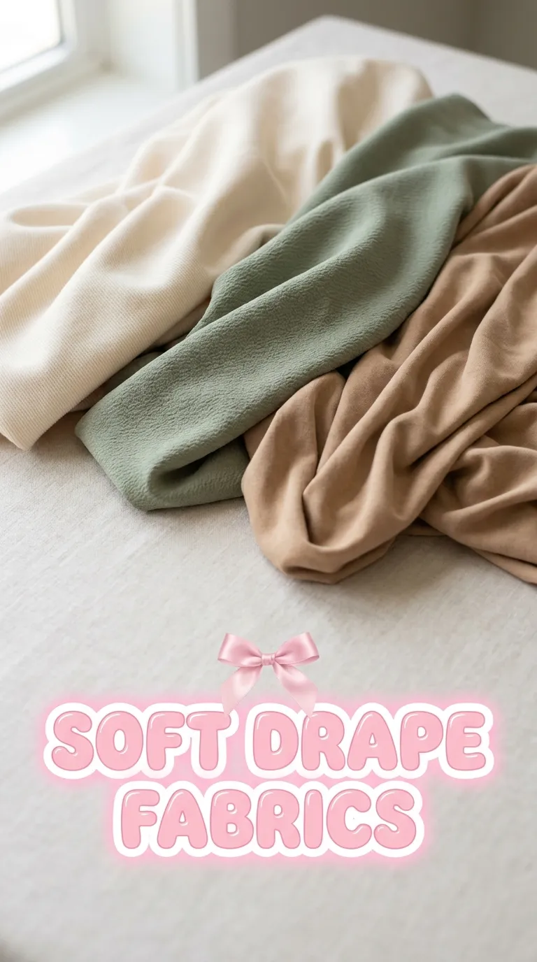Close-up of soft drapey knit, crepe, and ponte fabrics laid flat on a linen surface