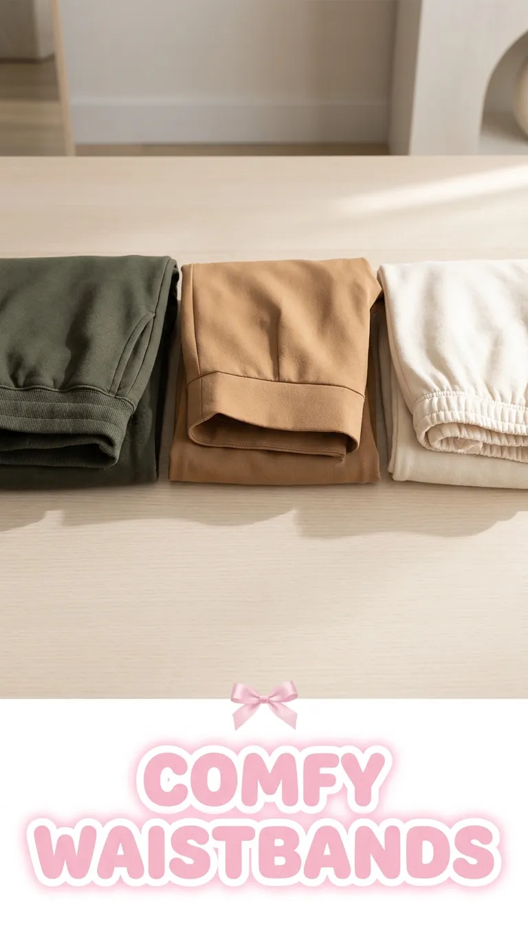 Three pairs of bottoms with different waistbands lined up side by side on a pale wood surface
