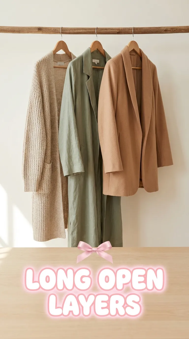Long open cardigan, duster, and soft blazer hanging on a wooden rail against a plain wall