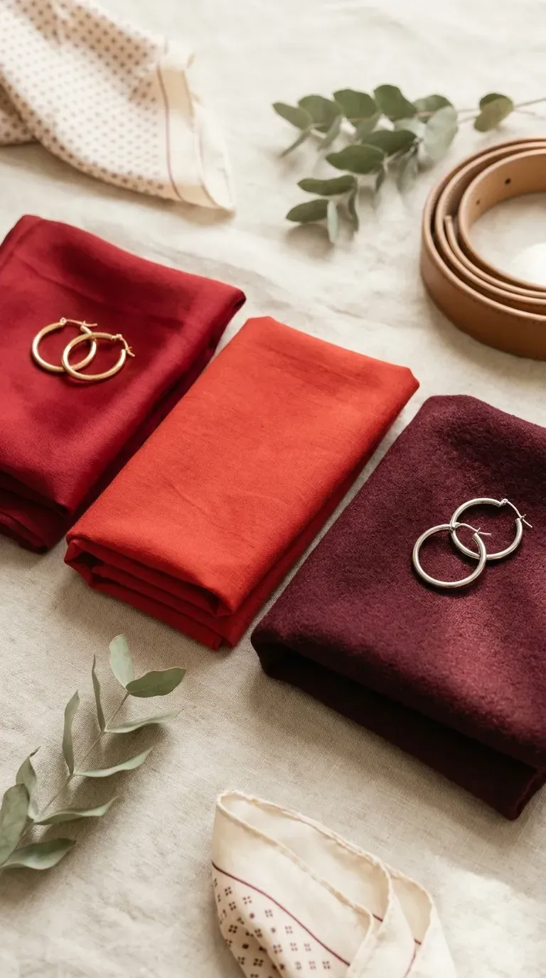 A red dress held beside gold and silver earrings in soft window light