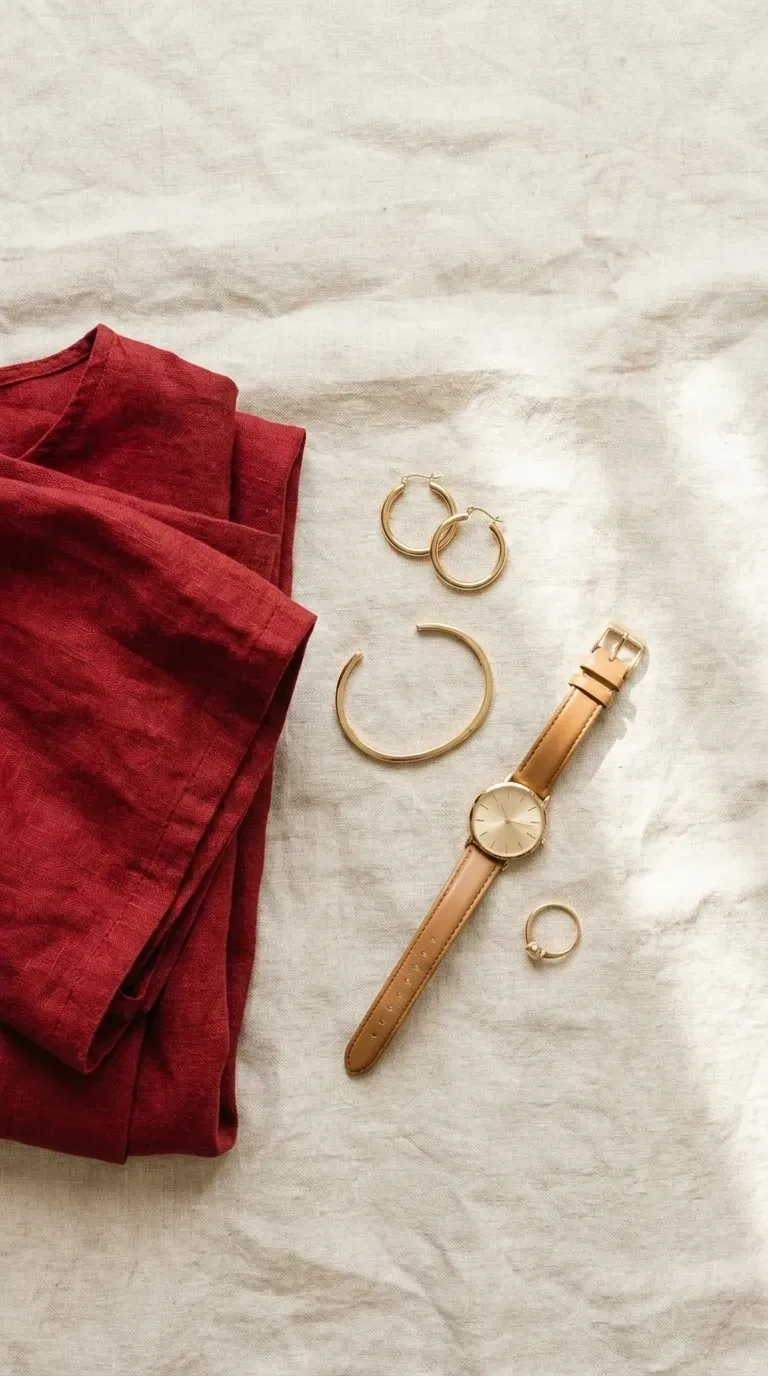 Gold hoop earrings, a slim bracelet and a watch on a linen surface beside folded red fabric