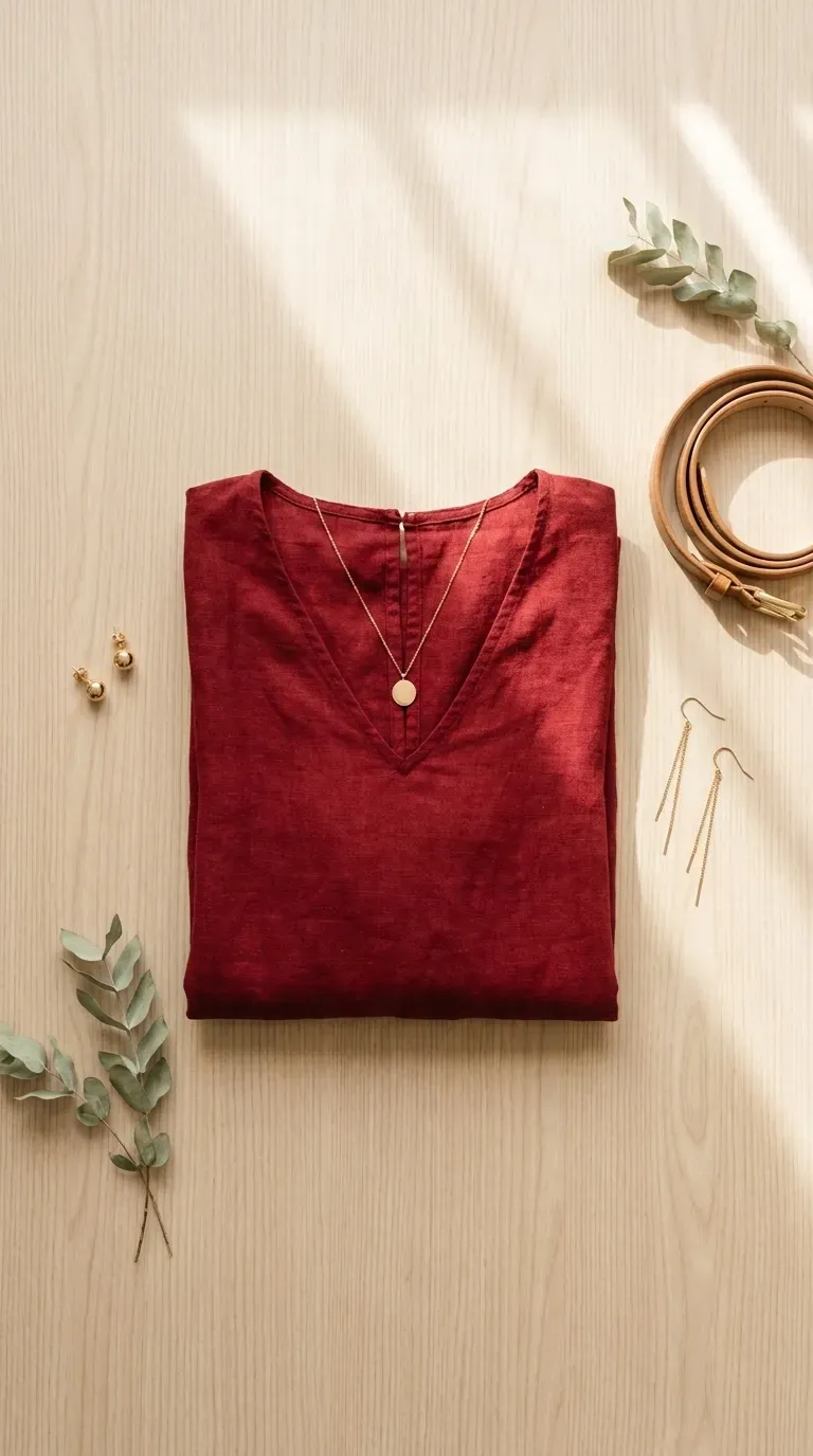 Red dresses with different necklines beside matching earrings and necklaces on a light wood surface