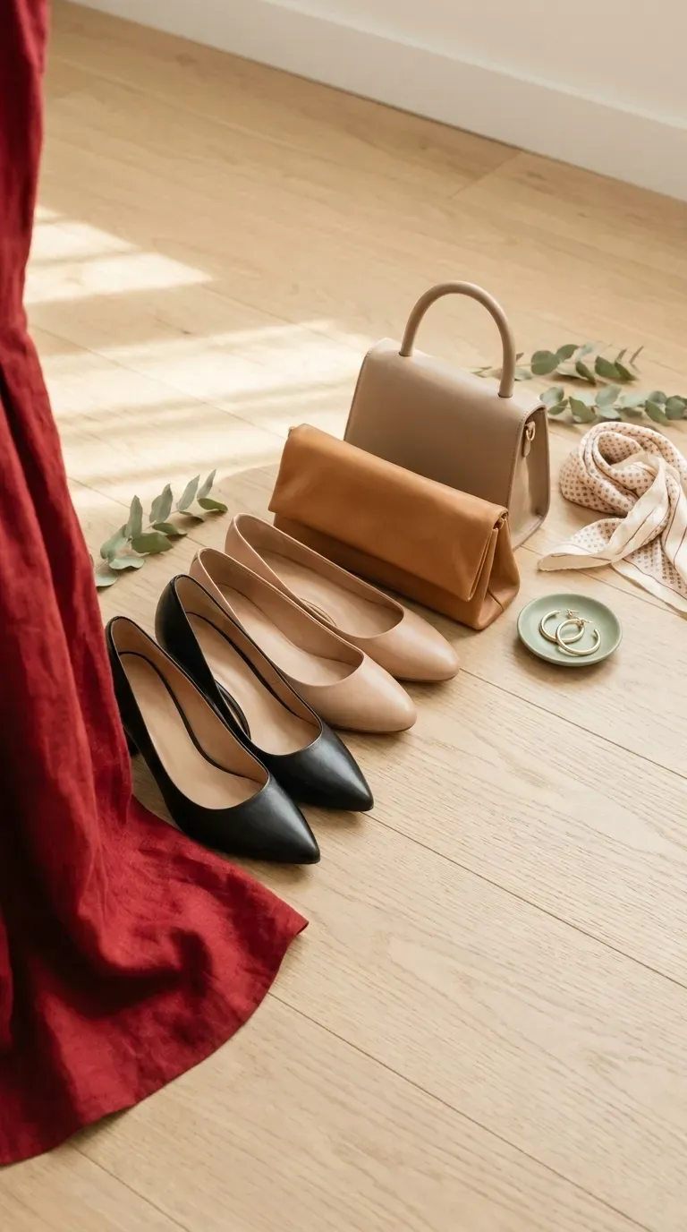A red dress laid out with black heels, nude flats, a tan clutch and a structured bag