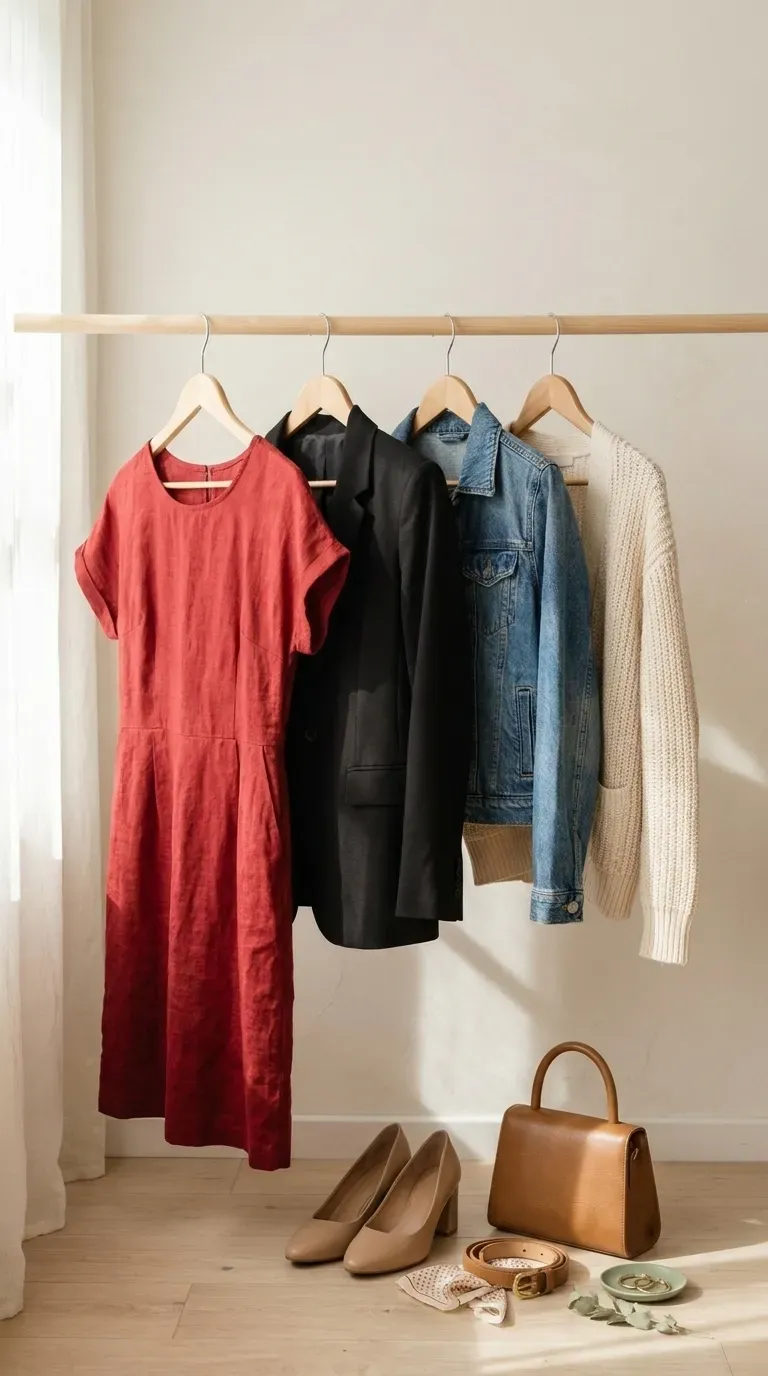 A red dress with a black blazer, a denim jacket and a cream cardigan on wooden hangers