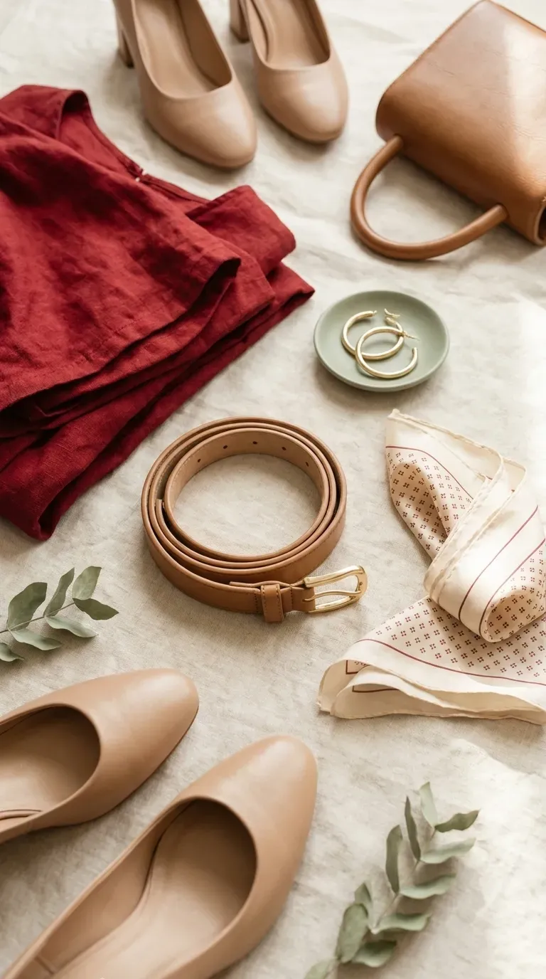 A slim leather belt and a silk scarf in cream and red laid beside a folded red dress