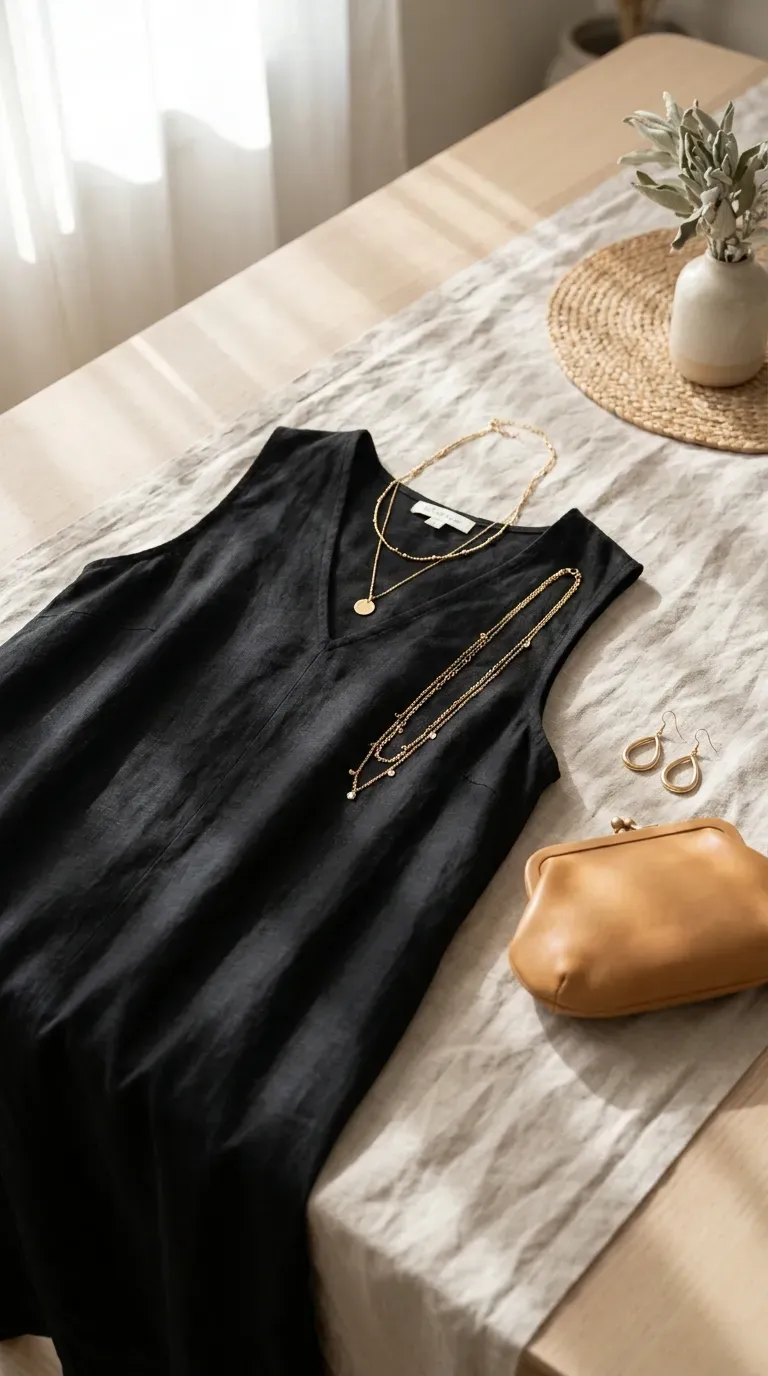A black V-neck dress laid flat with a short pendant necklace, drop earrings and a leather clutch