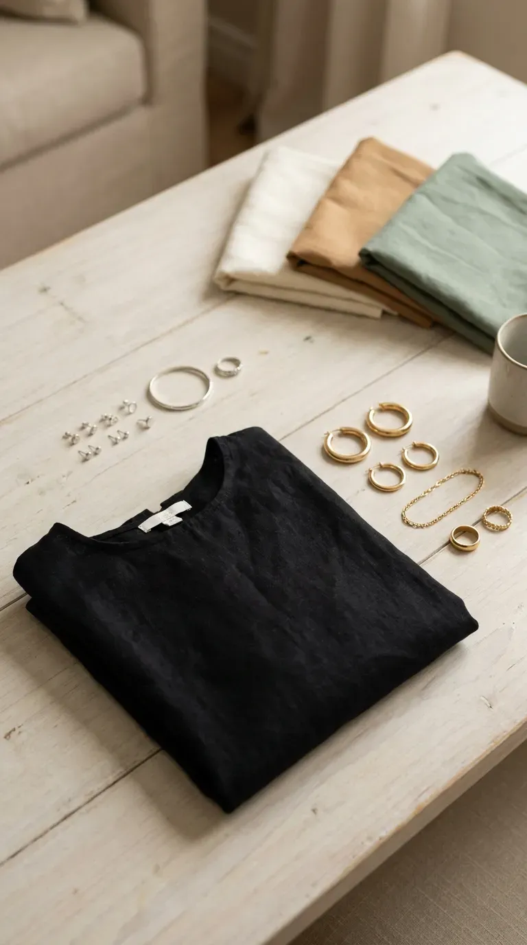 A black dress with matching gold-tone earrings, a thin bracelet and a ring on a linen surface