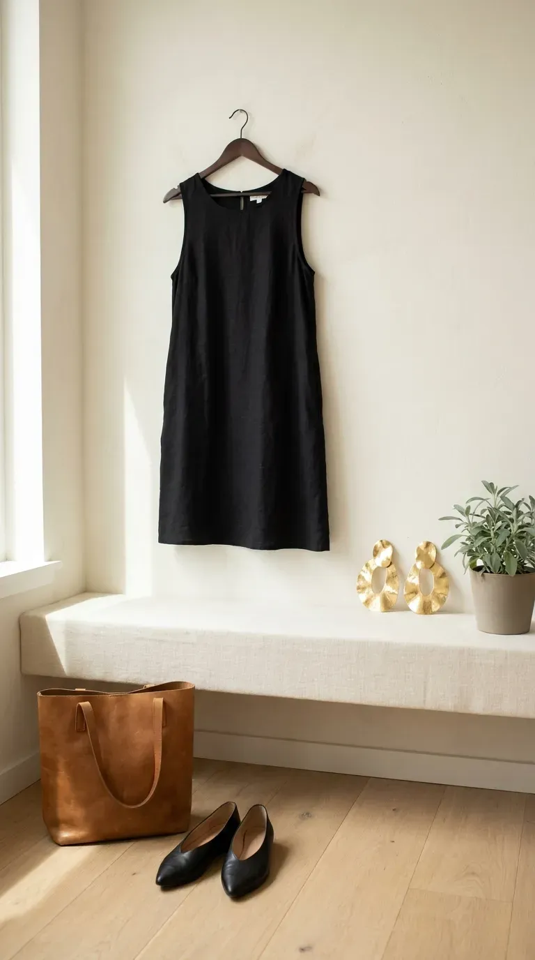 A black dress with oversized earrings as the only bold accessory, beside a plain leather bag and flats