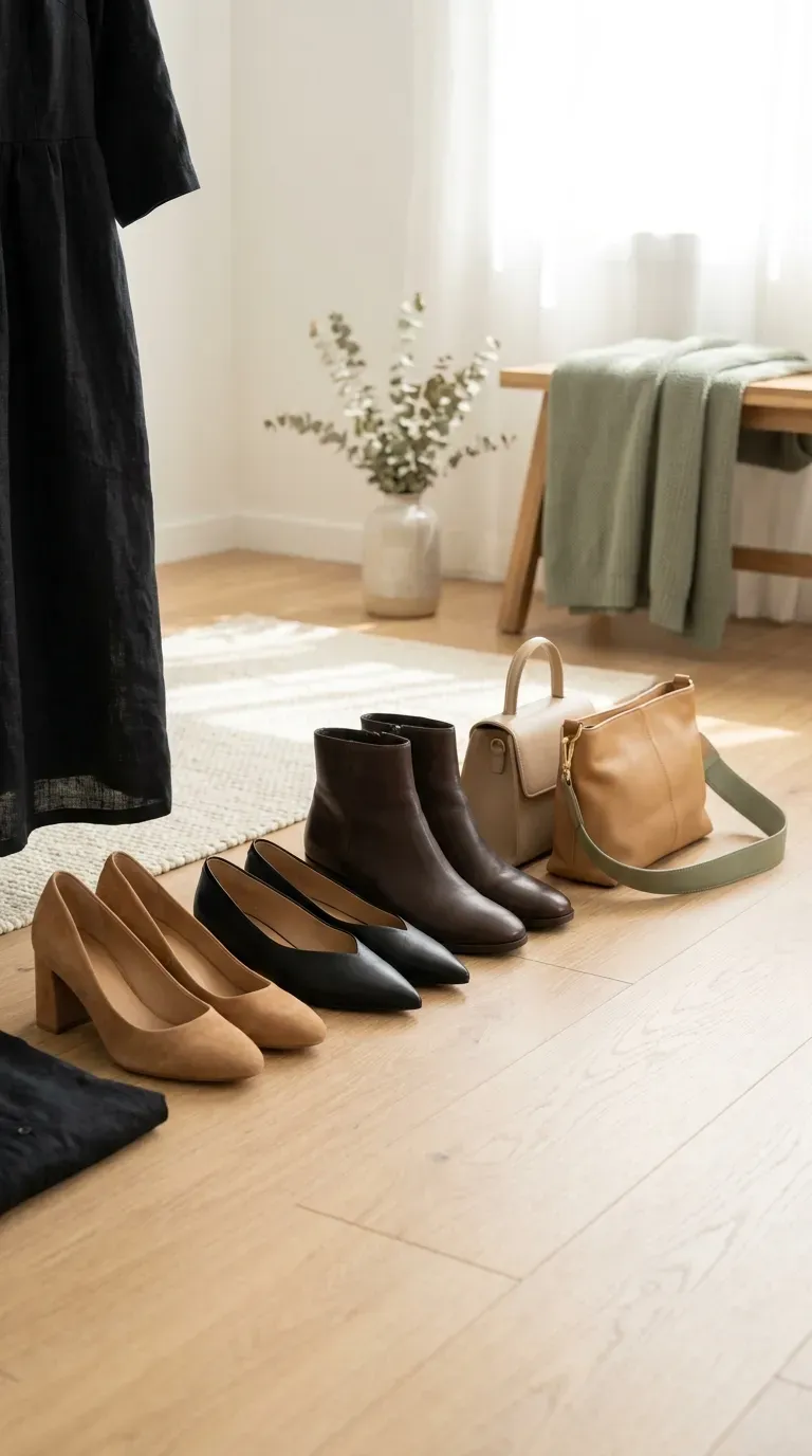 A black dress with tan block-heel pumps and a small structured bag arranged on a light wood floor