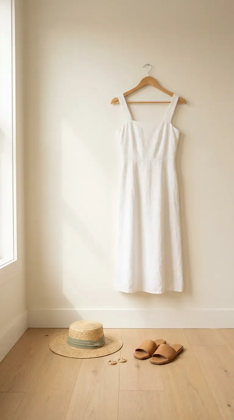 A white midi dress on a wooden hanger with a straw hat, gold hoop earrings, and tan sandals arranged beside it