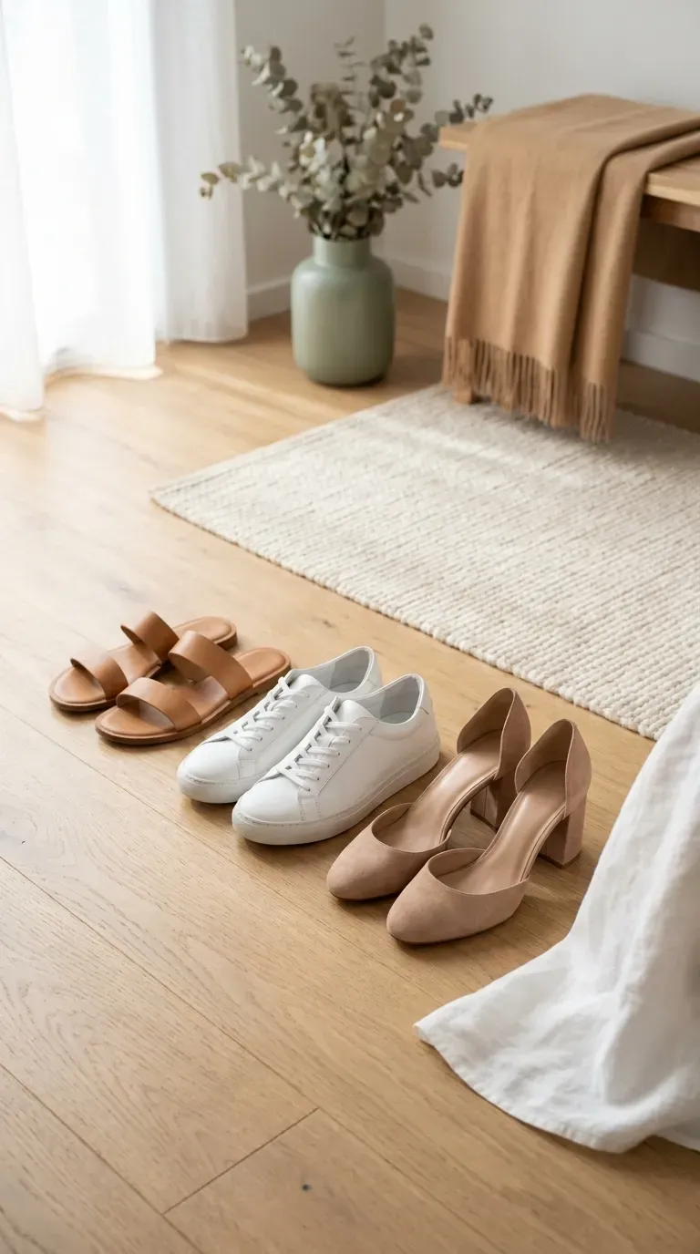 Tan flat sandals, white leather sneakers, and nude block heels lined up on a light wood floor