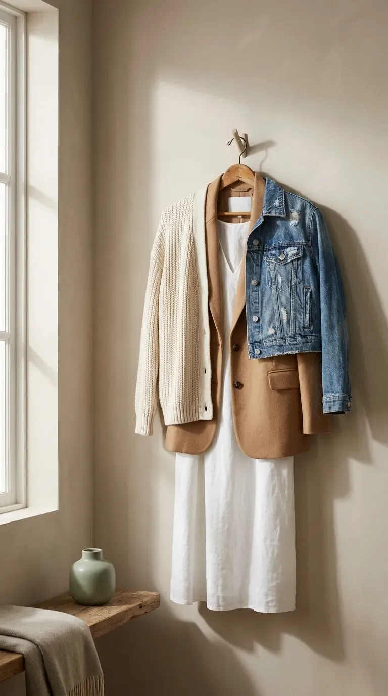 A cropped denim jacket, a camel blazer, and a cream cardigan draped over a white dress on a wooden hanger