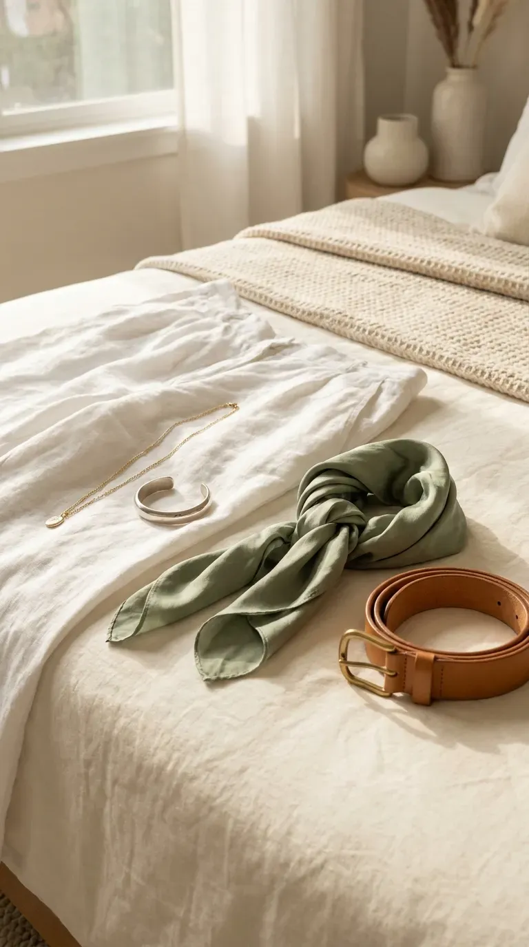 Gold and silver jewelry, a sage green scarf, and a tan belt arranged as swatches on a folded white linen dress