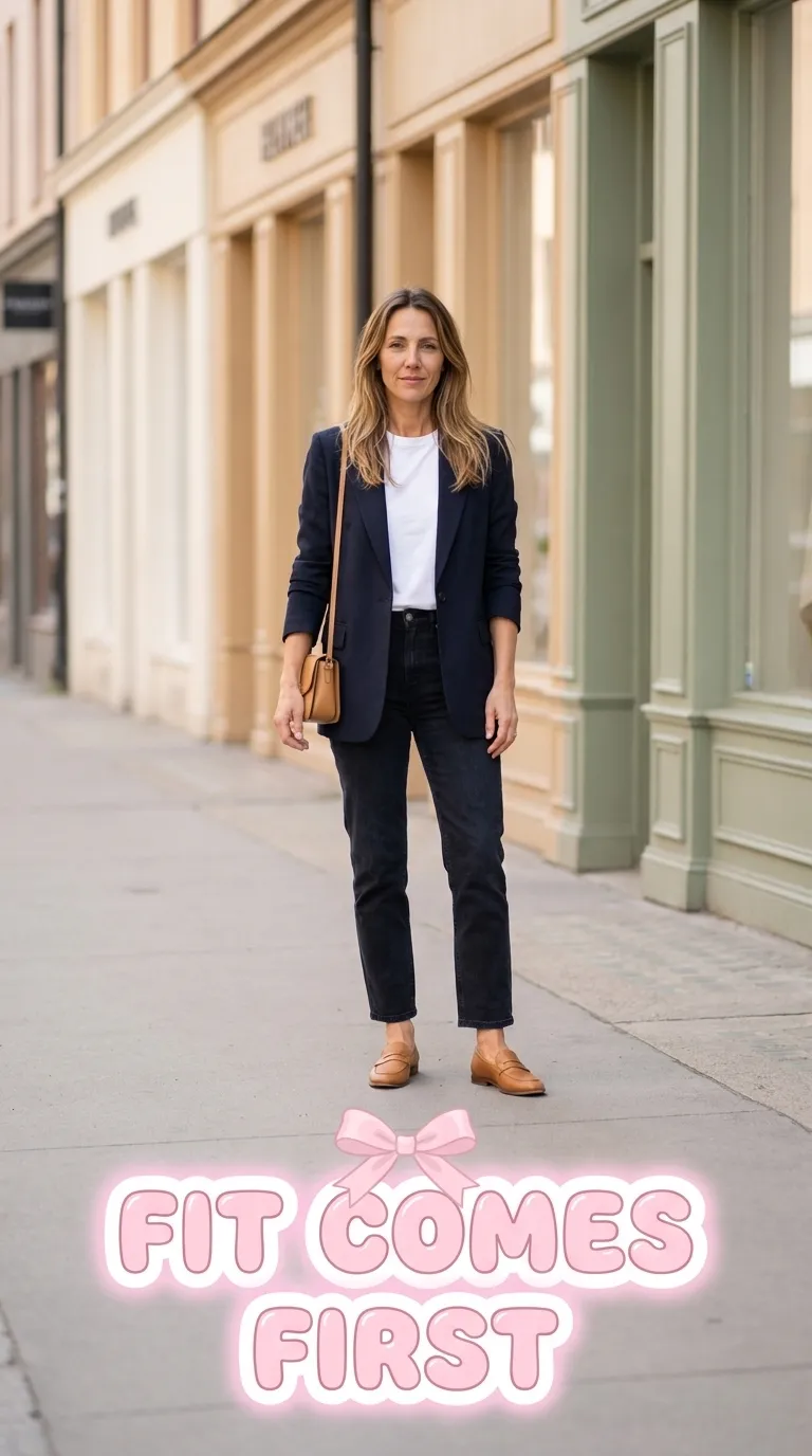 Woman in a navy blazer, white tee, and straight-leg jeans standing with relaxed hands and tan loafers