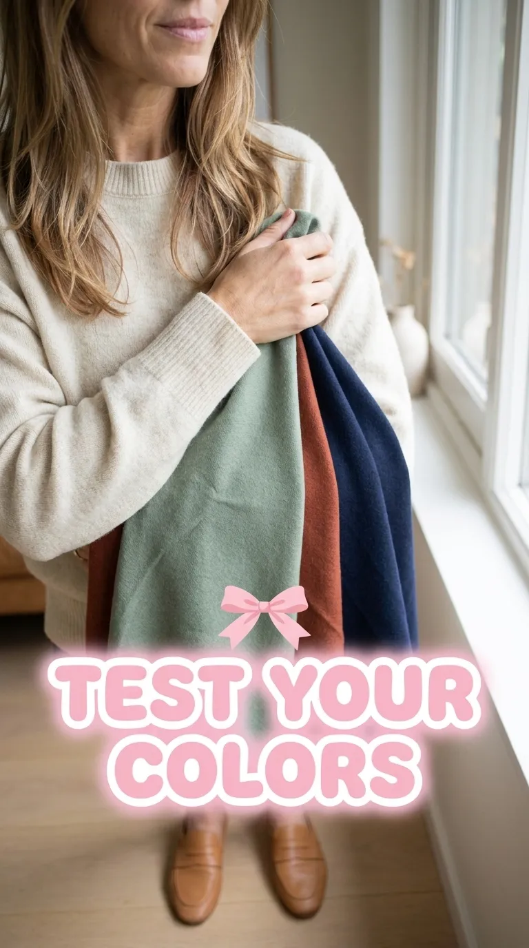 Close-up of a woman's hands holding sage green, rust, and navy fabric swatches against a cream sweater