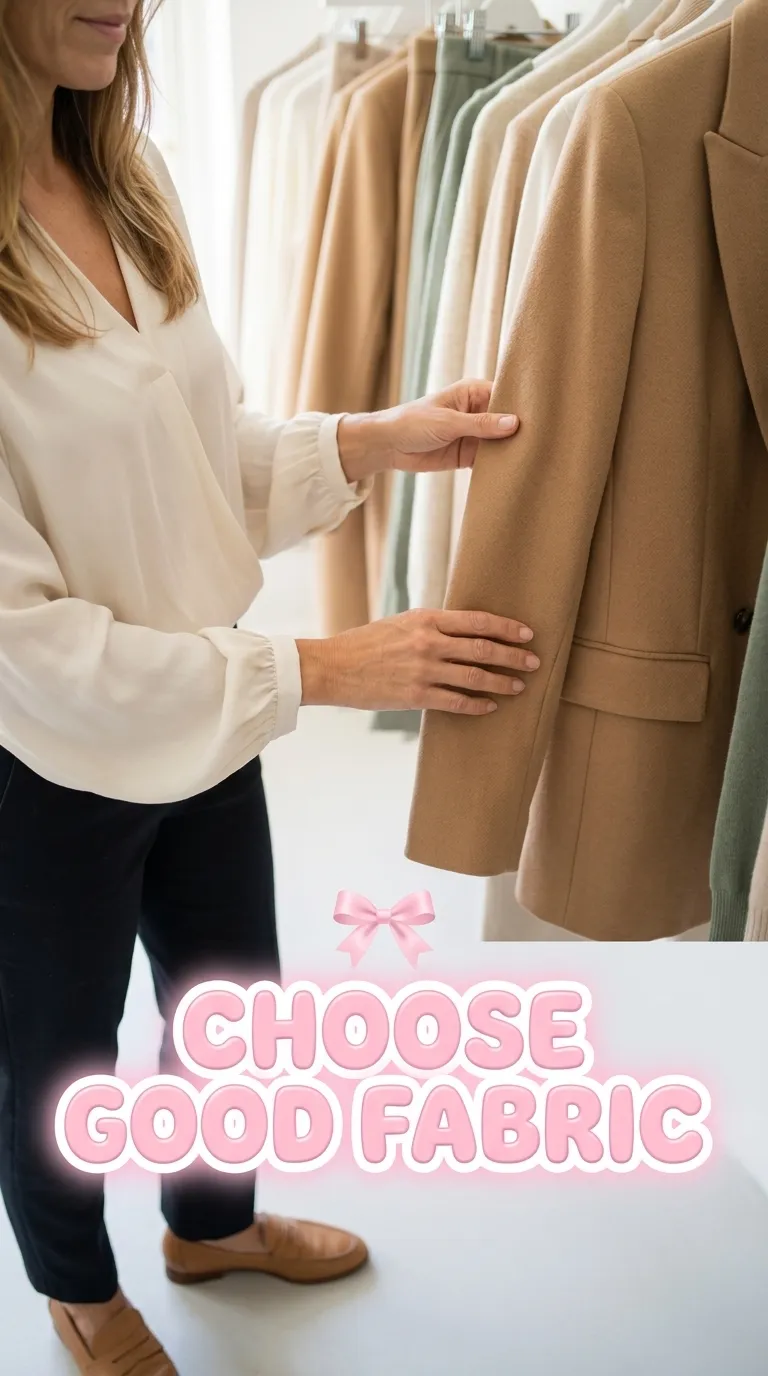 Close-up of a woman's hands feeling a soft drapey blouse sleeve next to a structured wool blazer