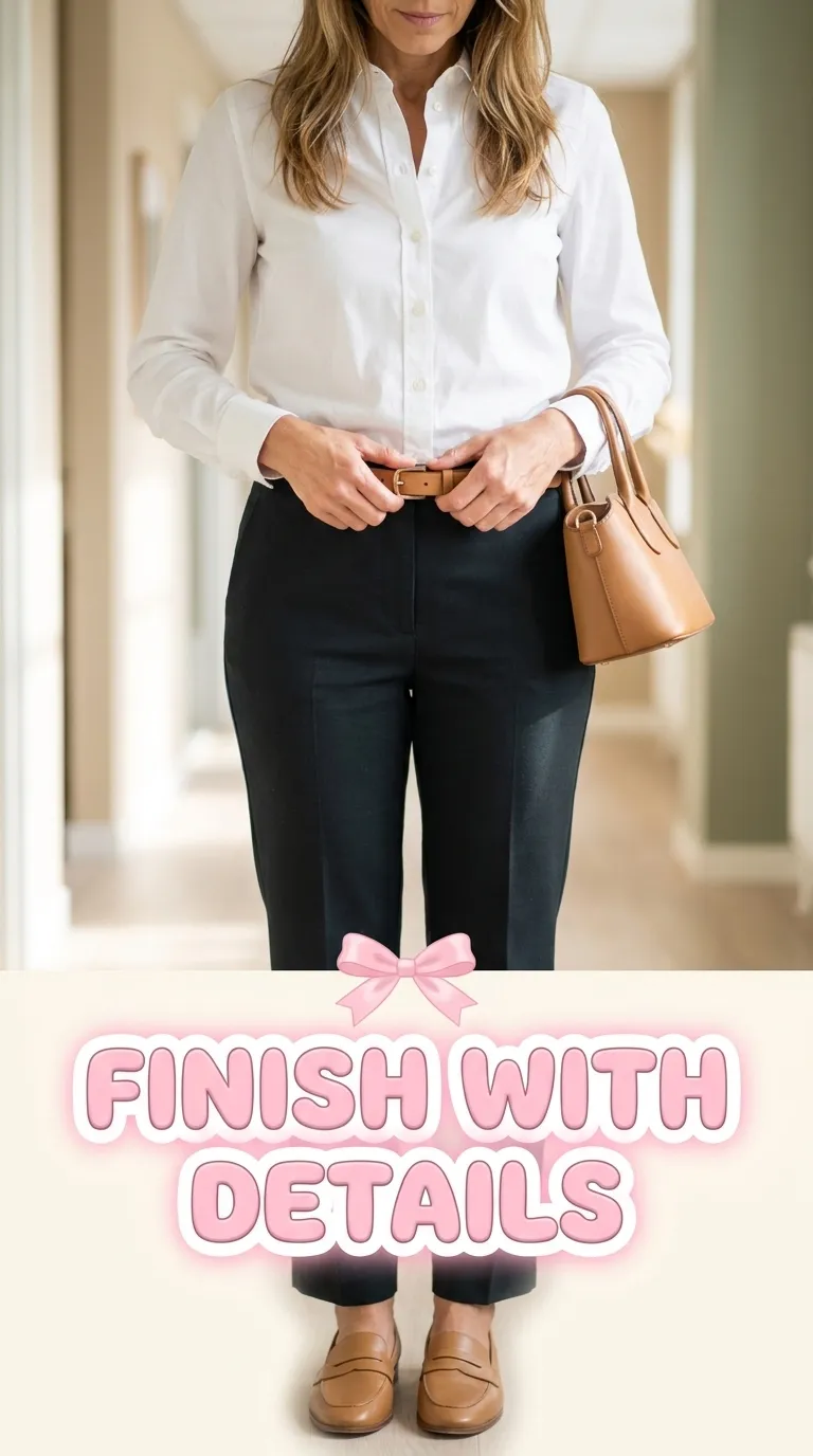 Woman's hands adjusting a leather belt over a white shirt with a small structured bag on her arm