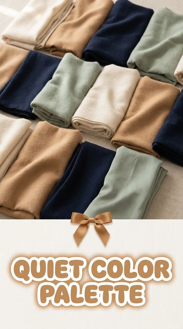 Scarves and fabric swatches in cream, camel, navy and sage laid on neutral linen