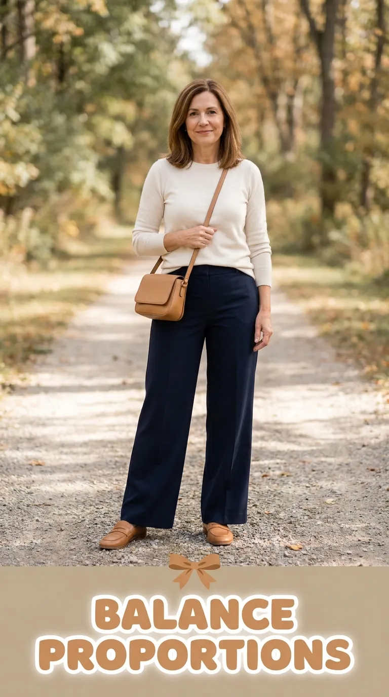 Woman in a cream knit tucked into wide-leg navy trousers with loafers, standing on a quiet path