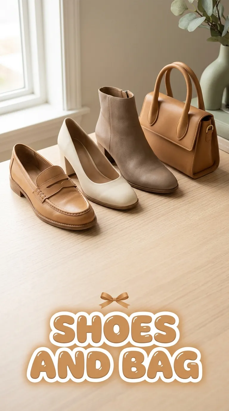 Comparison row of a tan loafer, an ankle boot, a low block heel and a structured bag on pale wood