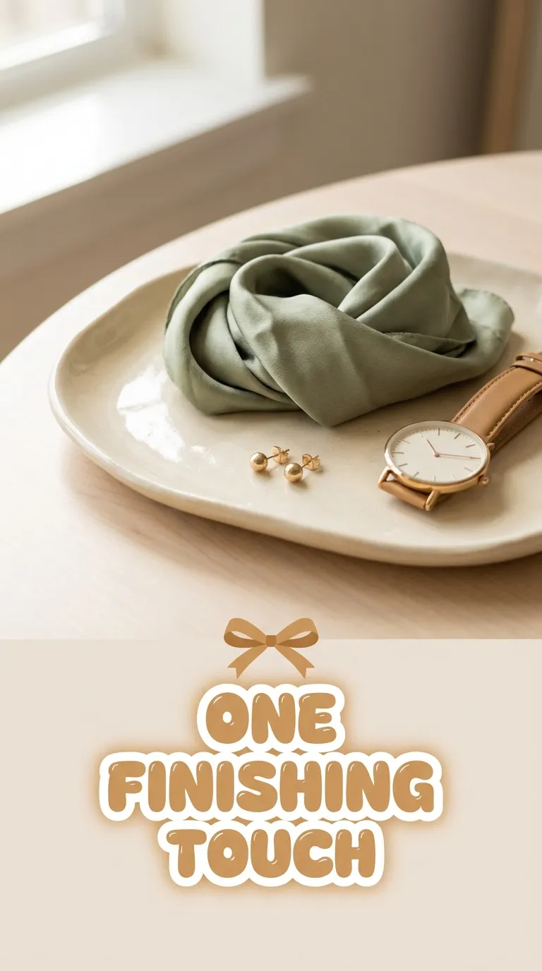 Silk scarf, small earrings and a simple watch arranged on a ceramic tray on a pale wooden table