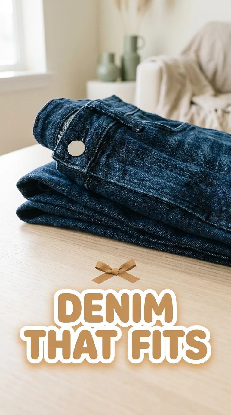 Overhead close-up of dark stretch denim weave with a smooth waistband detail