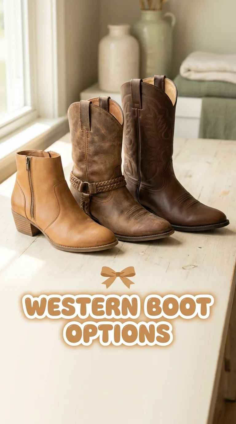 A row of three boots: a tan ankle bootie, a mid-calf western boot, and a classic cowboy boot